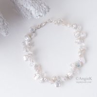 Elegant simple White Keshi Pearls And Crystal Briolette Sterling Silver handmade Bracelet Made With Swarovski Elements