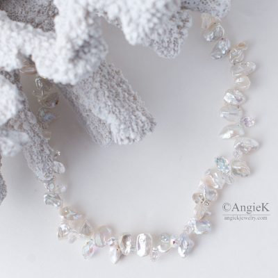 Elegant White Keshi Pearls Crystal Briolette Sterling Silver luxurious Artisan necklace Made With Swarovski Elements