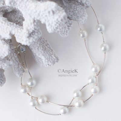 high quality artisan White South Sea Shell Pearls Double Strand Sterling Silver Necklace for special ocassion fall/winter jewelry