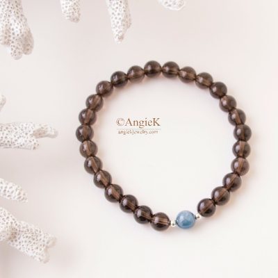 Stylish handmade natural Smoky Quartz and Kynite gemstone stretch bracelet everyday wear jewelry unisex