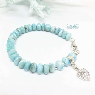 handmade one of a kind faceted larimar gemstone and cz heart charm sterling silver bracelet