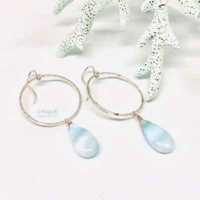 silver and blue larimar hoop style earrings handmade one of a kind gift idea